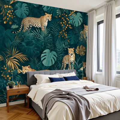 Papiers peints modernes adhésifs léopard jungle verte feuilles tropicales murales H 100 po x l 144 po papier adhésif amovible en PVC pour le salon de la chambre à coucher