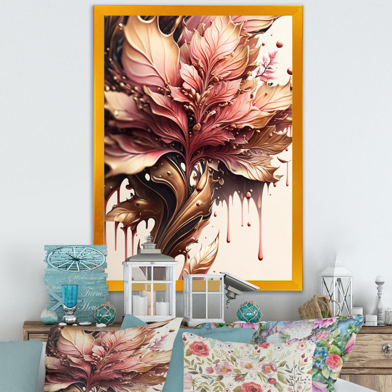 Abstrait rose et feuilles d'or I - reproduction sur toile, Toile encadrée dorée avec coins fermés, H 20 po x l 12 po x P 1 po