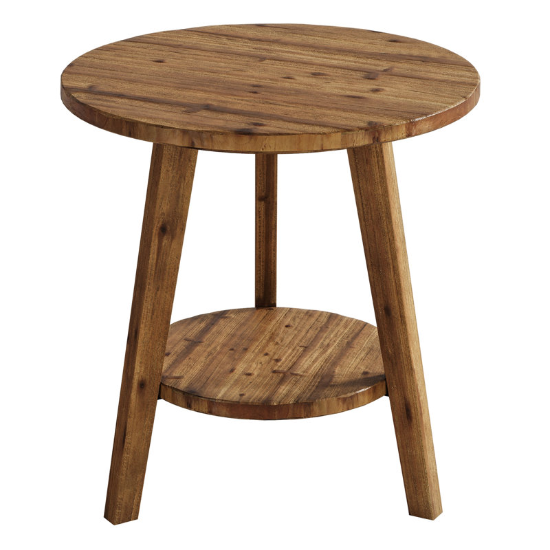 Table de bout ronde en bois massif, table d'appoint de style campagnard avec tablette de rangement