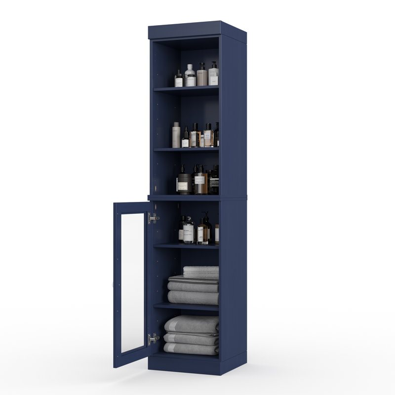 100% Solid Wood 16.5" Bathroom Storage Cabinet with Clear Glass Doors and Adjustable Shelves, Navy Blue