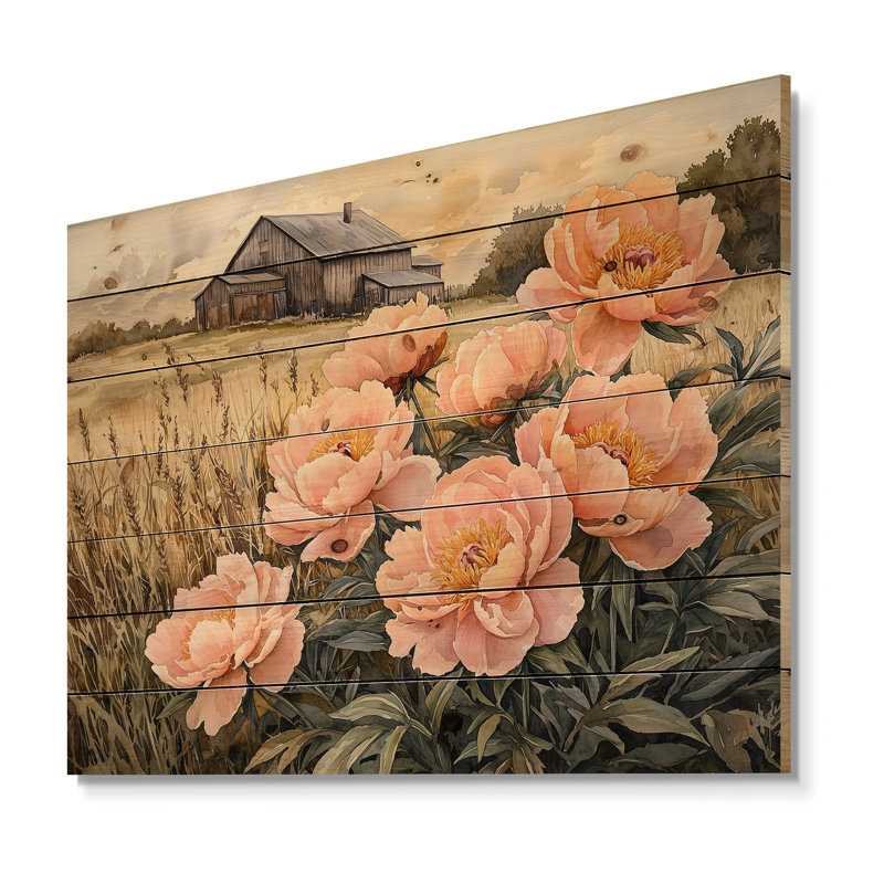 Ferme pivoines dans le bac à grain IV - Décoration murale en bois de pivoines - sur bois de pin naturel
