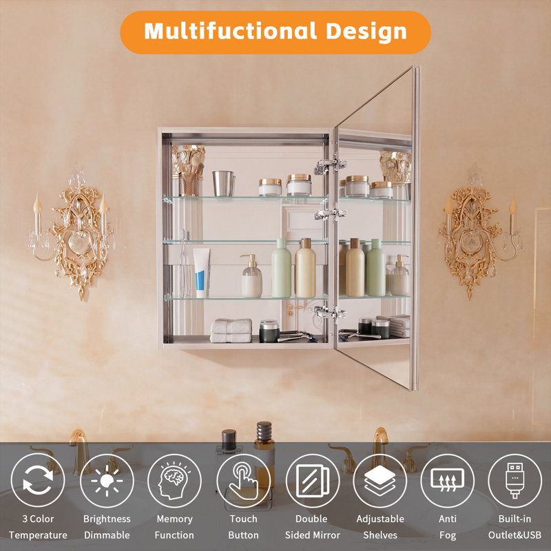 Armoire à pharmacie lumineuse avec miroir et tablettes réglables en pierre l 24 po x H 30 po Stone