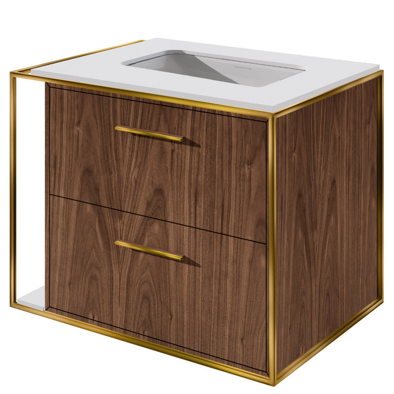 24" Cherry Single Bathroom Vanity, Natural Walnut, Brass, Wall Mount