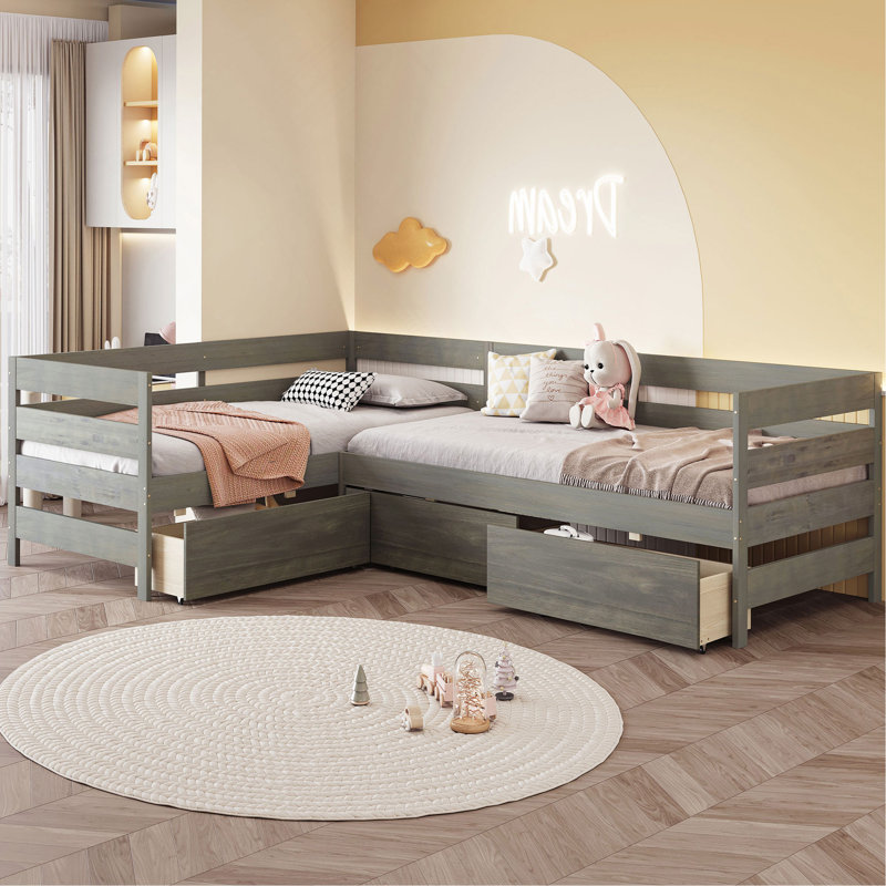 Lit plateforme simple en forme de L avec trois tiroirs de rangement, Gris