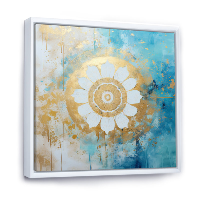 Divine mandala délicat or doux turquoise I sur toile, H 16 po x l 16 po x P 1 po, Cadre flottant blanc