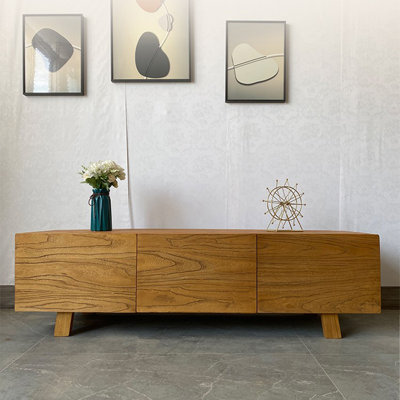 Handcrafted Solid Elm Wood TV Cabinet with 3 Storage Drawers
