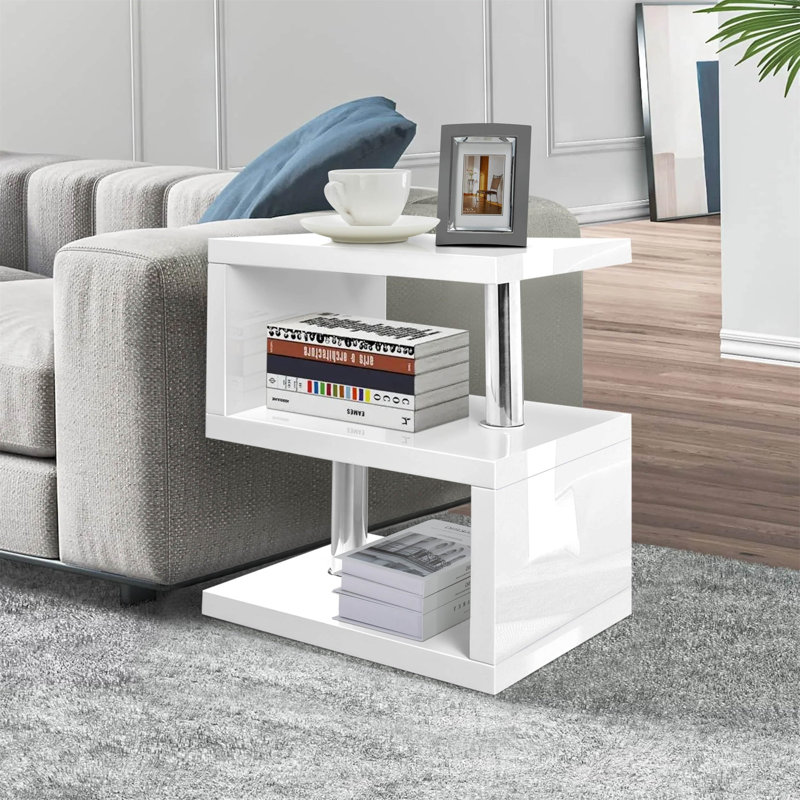 White Led Side Table Small Coffee Table For Living Room, High Gloss S Shape Sofa End Table With RGB Led Lights, 2 Tier Storage Shelves Ractangle Coffee Table For Home Office Furniture