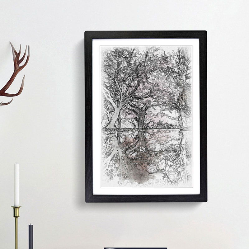 Reflection Of The Pink Blossom Trees Sketch - Single Picture Frame Print on MDF, Black Framed, 87cm H x 62cm W x 2cm D