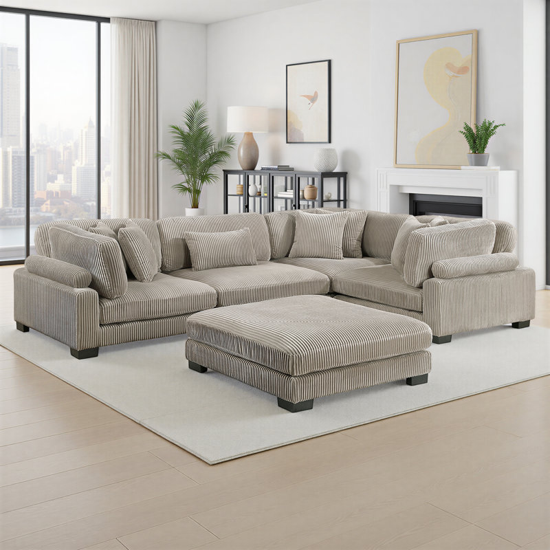 Brinsley 135" Modern 5-Piece Modular Sectional Sofa With Ottoman, Corduroy Upholstery & Foam Over Pocket Coils Comfort