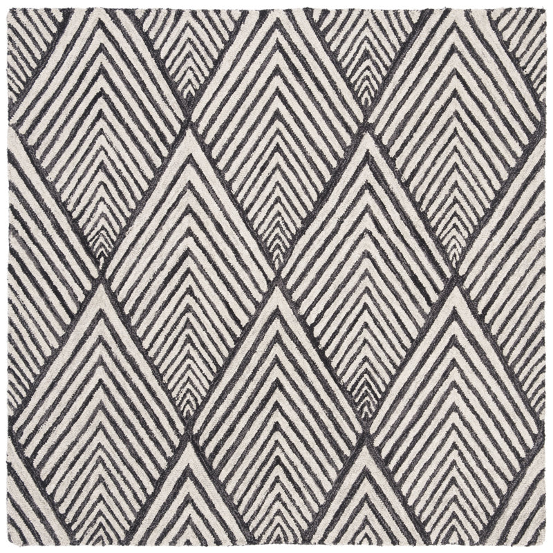 Rossville Geometric Handmade Tufted Wool Charcoal/Ivory Area Rug, Square 7'