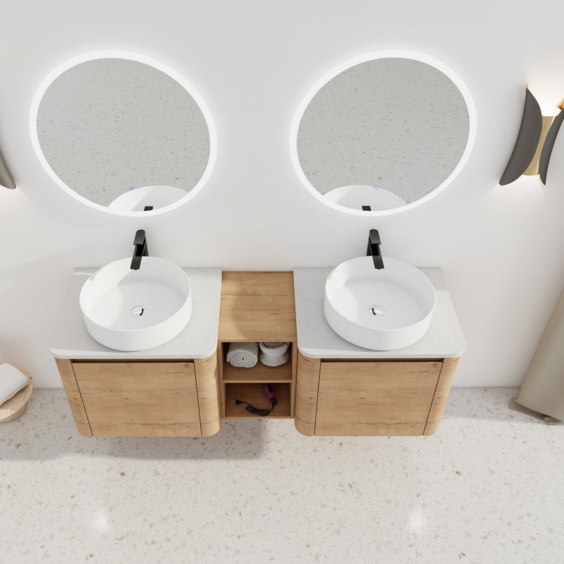 Meuble-lavabo mural contemporain avec lavabo d'art en céramique, Blanc, 59"