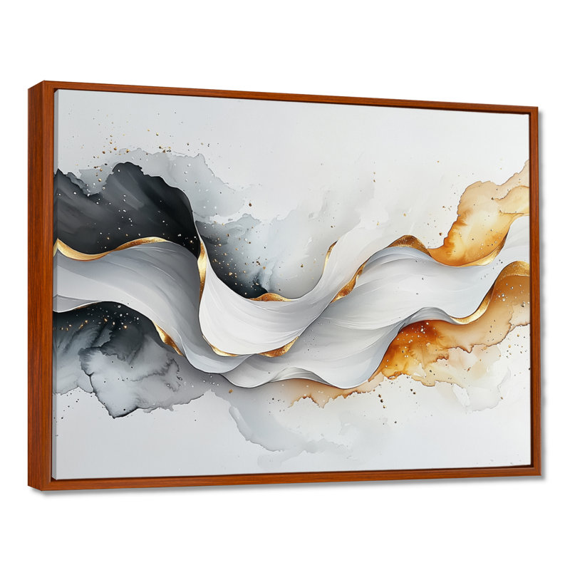 Vagues blanches et dorées blanches de l'introspection, art moderne abstrait, Brun, H 12 po x l 20 po