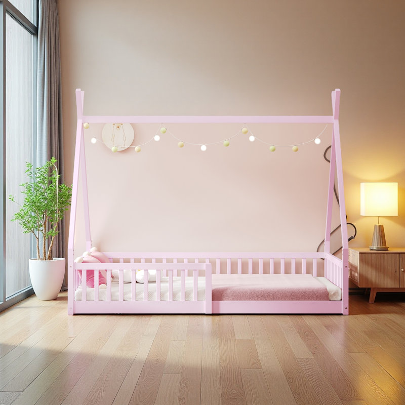 Twin Size Wood House Bed With Fence, Pink