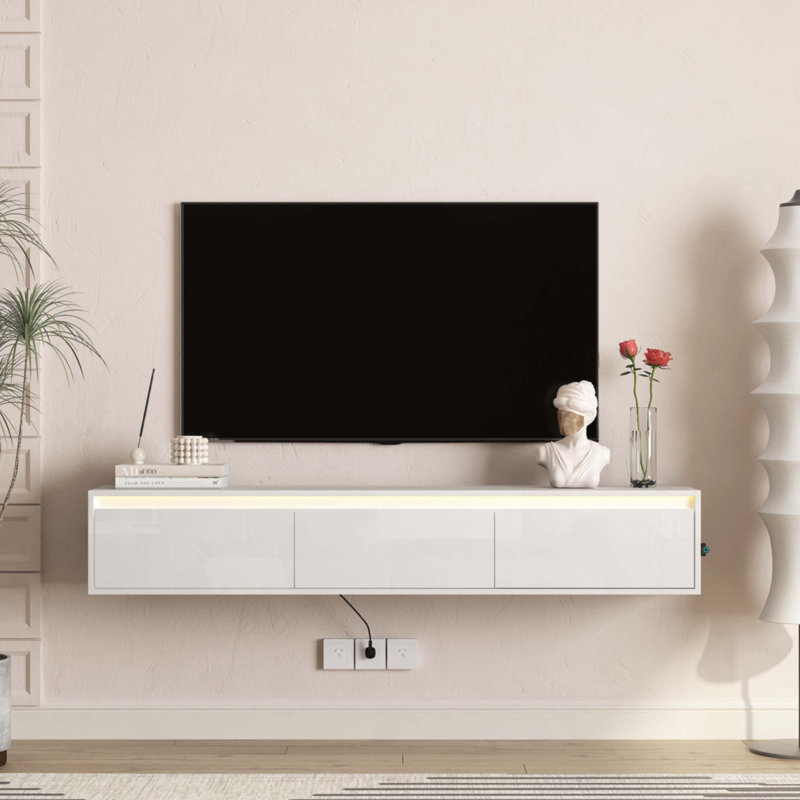 Floating Wall Mounted TV Stand With LED Lights, Power Outlet, And High Gloss Finish For Living Room | Gift Idea, White