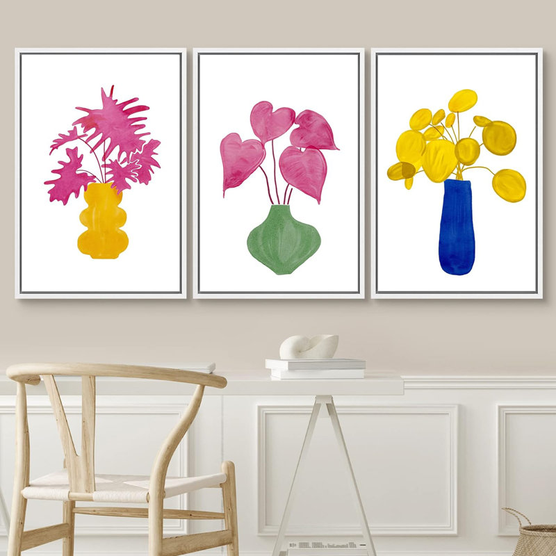 Simplified Graphic Plants " Neon Tropical Jungle Plant Vases Plants Illustrations Modern Art Chic Scenic Colourful " 3 - Pieces