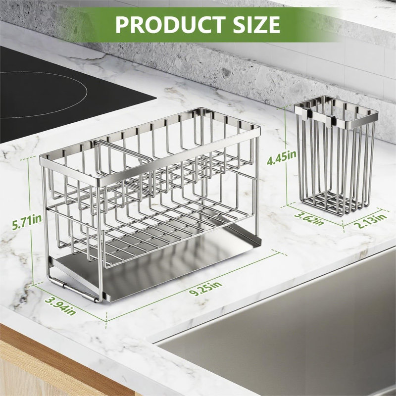 Silver 2-Tier Kitchen Sink Caddy Organzier Rack with Flexible Dish Brush Holder, Sponge Holder for Kitchen Sink Countertop Organization Storage