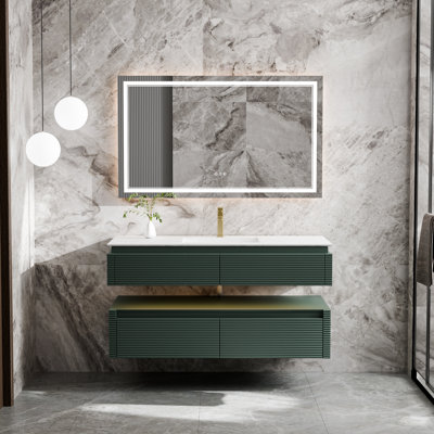 48" Modern Wall Mounted Bathroom Vanity With Engineered Stone Top, LED Night Light & 2 Soft-Close Drawers – Green