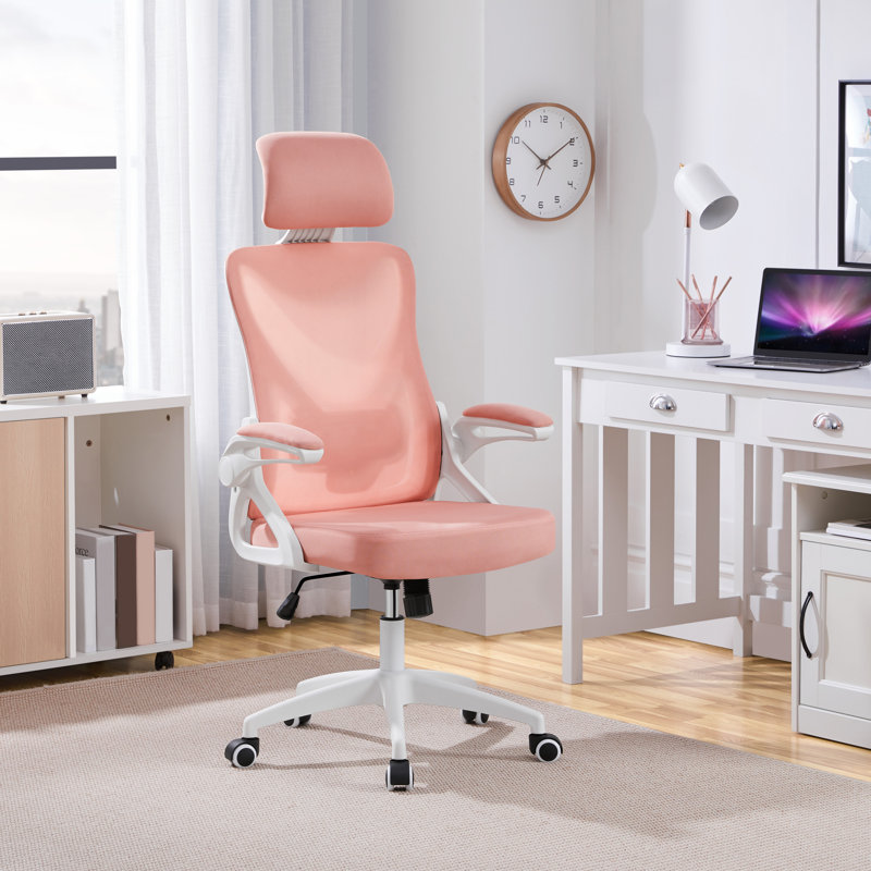 High Back Mesh Swivel Ergonomic Task Office Chair with Flip-Up Arms, White/Pink