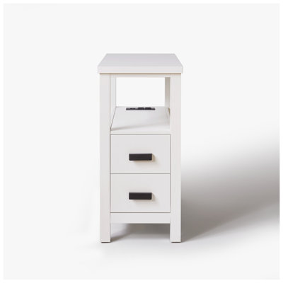 Modern End Table with Charging Station - Side Table with USB Ports & Outlets, 2 Drawers Small Rustic Bedside Table for Living Room, Bedroom (White)