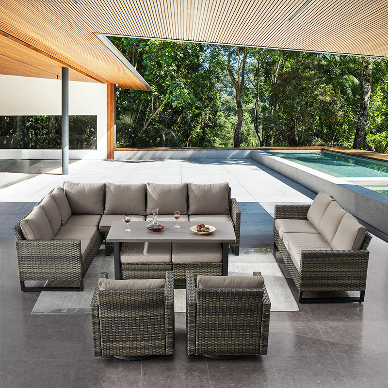 Ingvald Wicker 11 - Person Patio Conversation Set with Cushions, Gray
