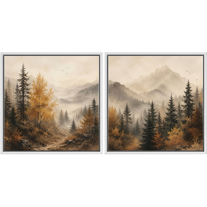 Misty Mountain Pine Forest with Warm Autumn Trees and Rustic Nature, ensemble de 2 reproductions d'art encadrées