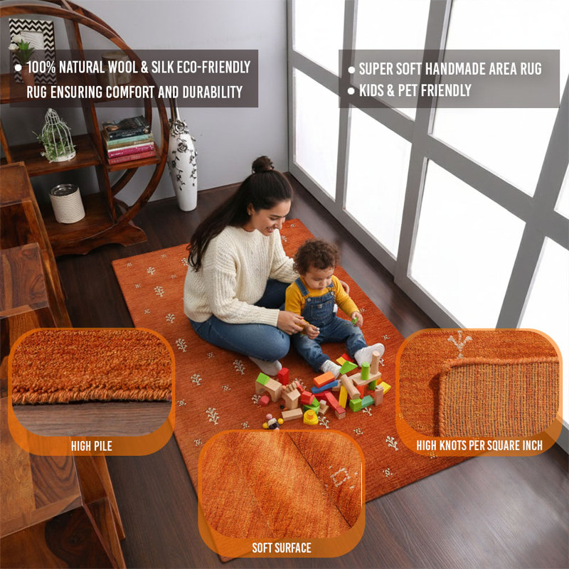 Ownby Hand Knotted Loom Wool Eco-Friendly Area Rugs  -  5'x8', Rectangle, Orange White Color, Contemporary Modern Design, High Pile Thick Handmade Anti Skid Area Rugs for Living Room, Bed Room