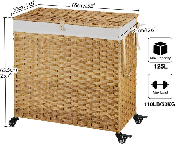 125 L Plastic Rattan Laundry Basket Hamper with Lid White