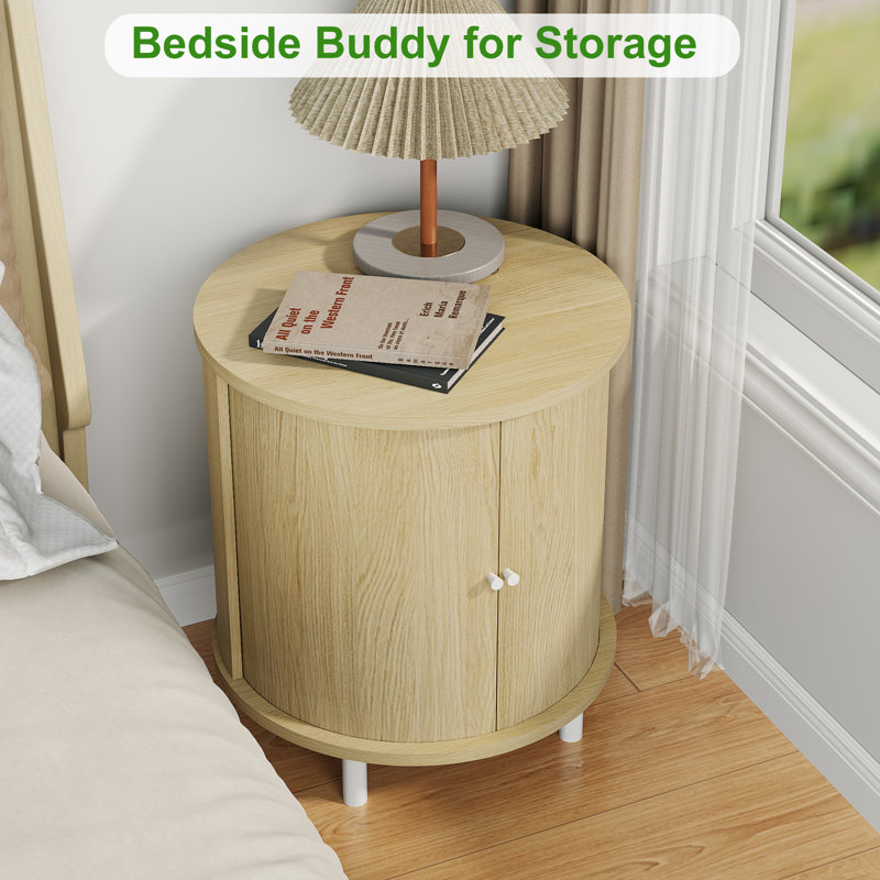 Fluted Round End Table with Storage, Oak