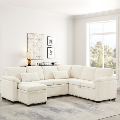 Canapé d'angle beige de 246 cm (97 pouces) avec revêtement en chenille, rangement, 7 places, en forme de L.