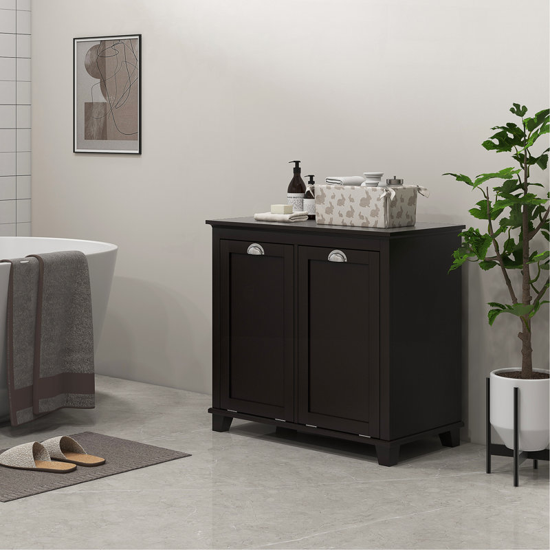 Armoire à linge double inclinable, armoire de rangement pour salle de bain avec panier à 2 compartiments, armoire de plancher moderne pour salle de bain, noir