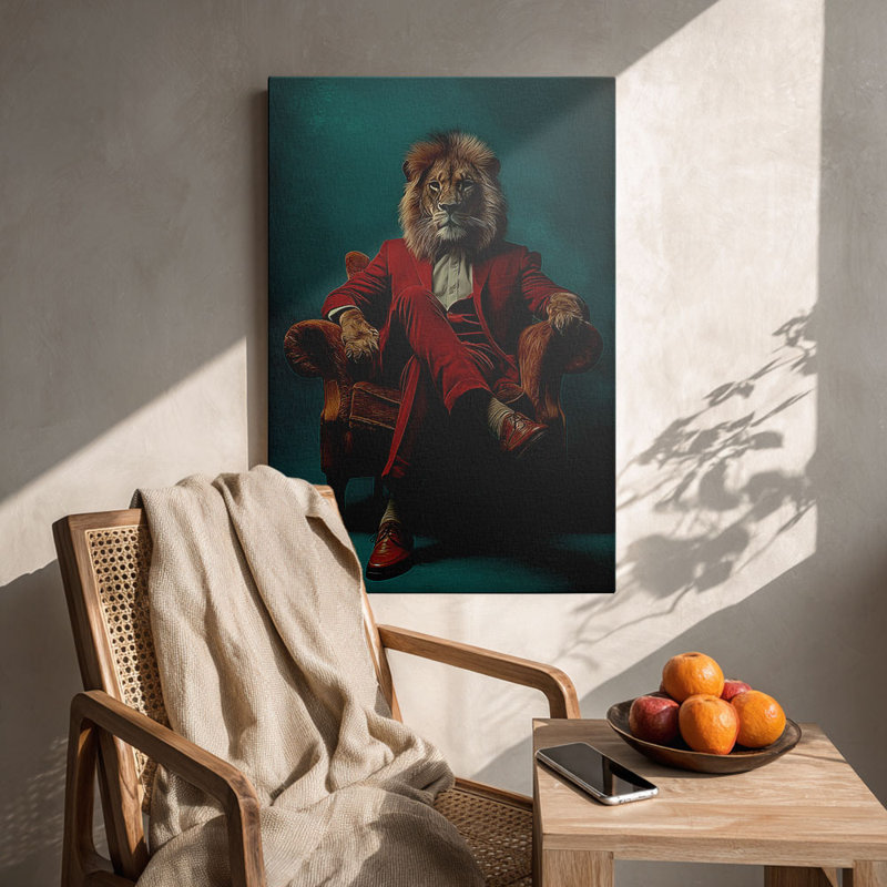 Cadre tendu sur toile tendue «Lion en costume rouge sur fauteuil» sophistiqué pour Eclectic Studio