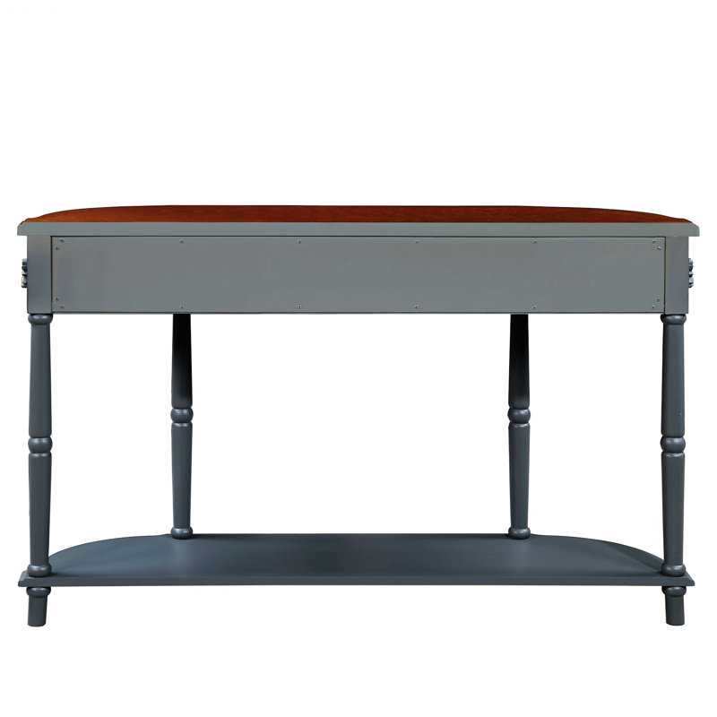 Retro Curved Wood Console Table, Half Moon Table With Open Shelf And 2 Drawers, Antique Gray