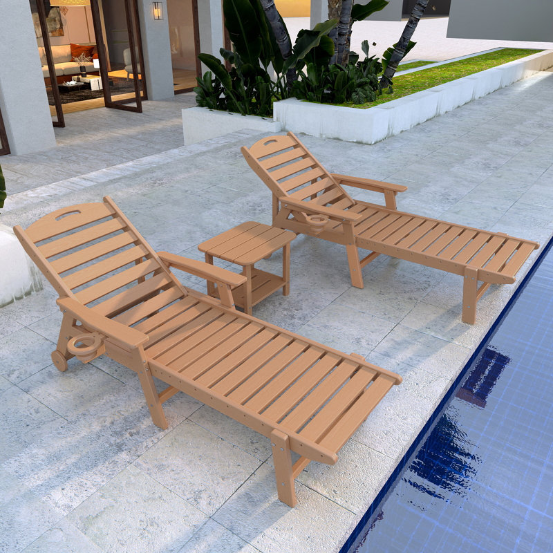 3-piece Hdpe Outdoor Chaise Lounge Set With 2 Reclining Chairs & 2-tier Side Table, All-weather Poolside & Patio Loungers