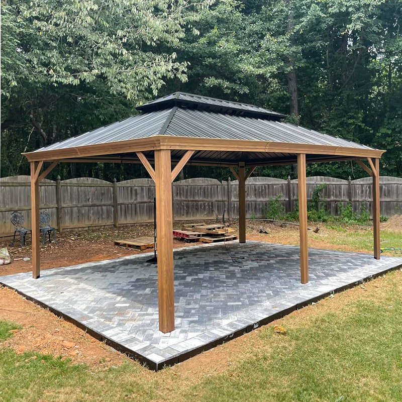 PURPLE LEAF Hardtop Gazebo for Patio Wood Grain Galvanized Steel with Netting, 12' X 18'