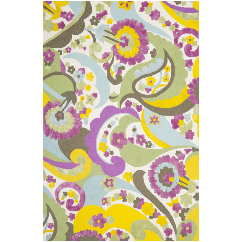 Tapis vert / bleu / mauve en laine crocheté à la main Lawanda, Rectangle 4 pi x 6 pi