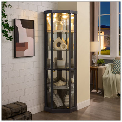Lighted Corner Curio Cabinet - Elegant Glass Display Case For Living Room & Bar Storage - For Antique Collections & Wine - Includes Built-In Lighting - Black