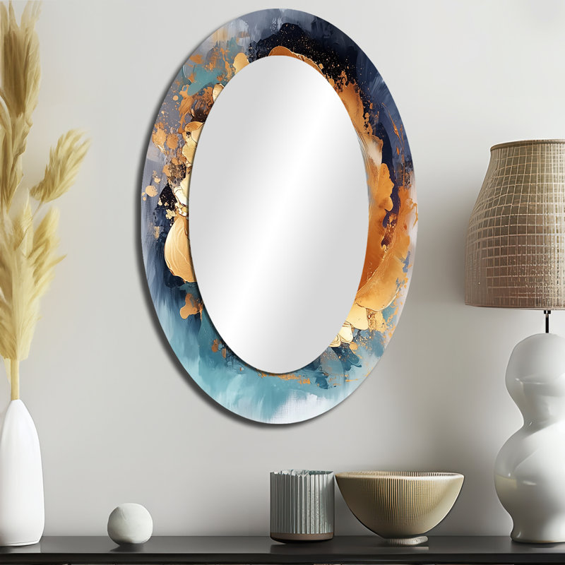 Blue And Gold Fractal Vortex III - Abstract Oval Decorative Mirror On Metal, 36" x 24"