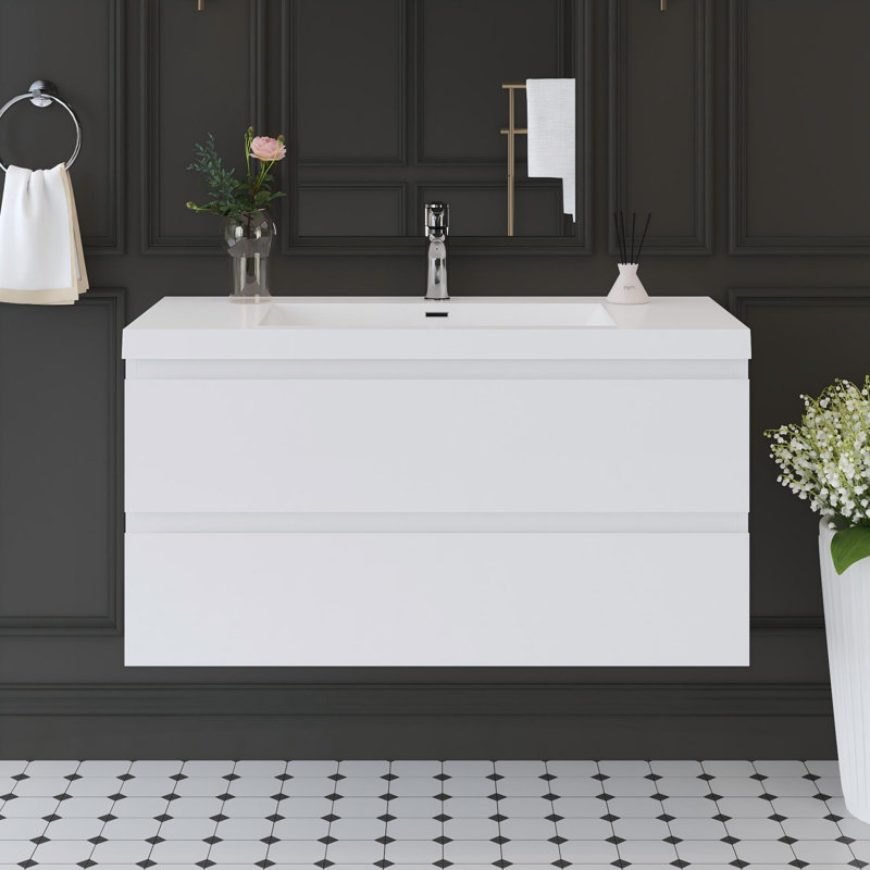 42" Floating Bathroom Vanity Modern Wall-Mounted Single Vanity with Integrated Resin Top, 2 Soft Close Drawers, Full Assembly
