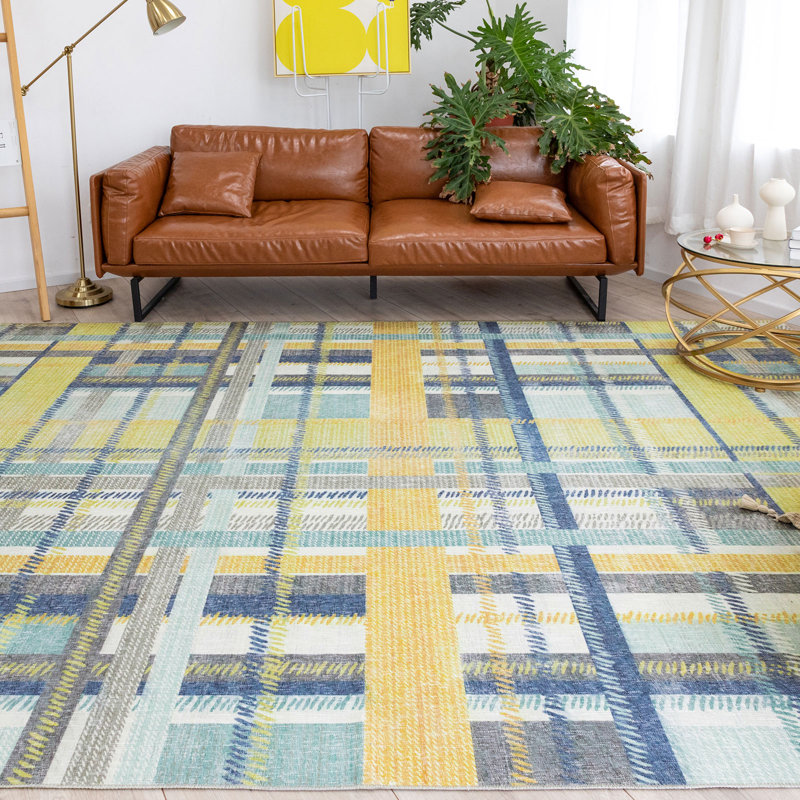 NELE Machine Washable Modern Lattice Area Rug Yellow/Blue Multi, Rectangle 3' 6" x 5' 6"