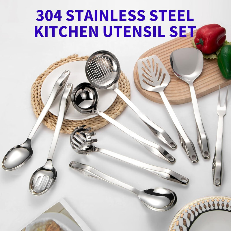 Ensemble d'ustensiles de cuisine en acier inoxydable 304 - 9 ustensiles de cuisine, allant au lave-vaisselle, résistant à la chaleur jusqu'à 1472 ° F