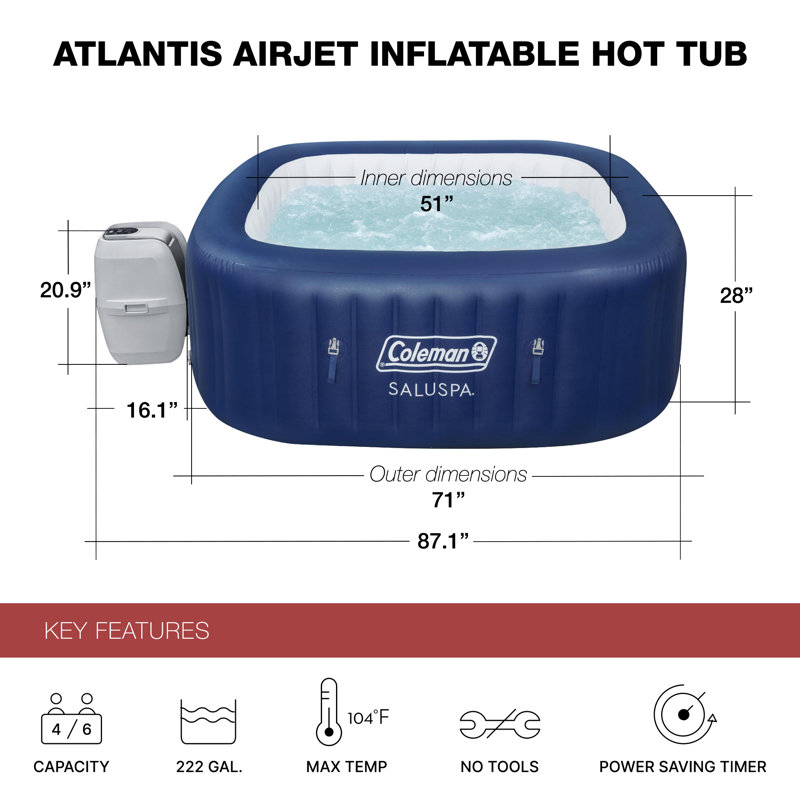 Coleman SaluSpa AirJet 6 Person Inflatable Square Hot Tub with 114 Jets, Blue