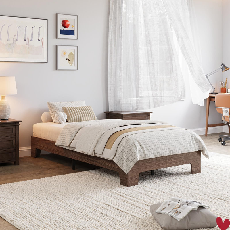 Wooden Bed Frame for Mattress, Farmhouse Platform Bed with Reinforced Slats & Center Support, No Box Spring Needed