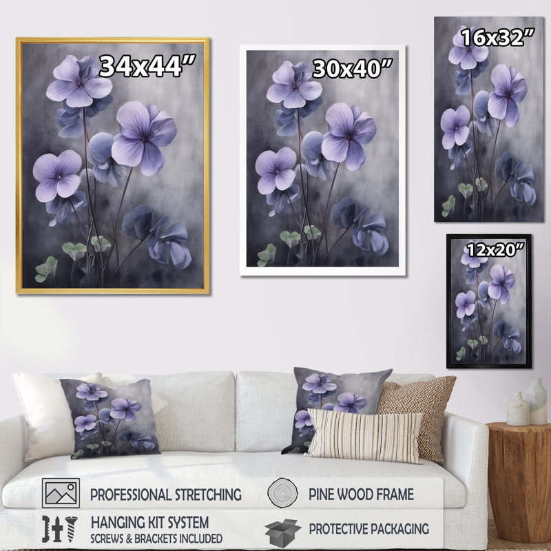 Mauve gris, violettes, rêve I - art mural floral, H 44 po x l 34 po x P 1,5 po, Cadre flottant blanc