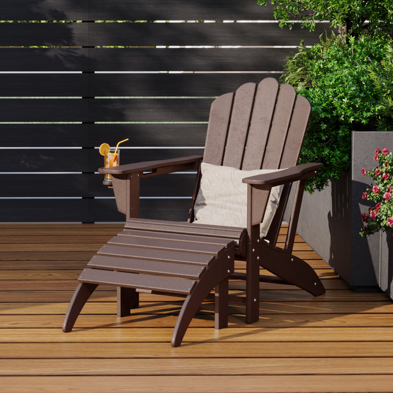 Lucus All-Weather Poly Adirondack Chair with Ottoman, Brown
