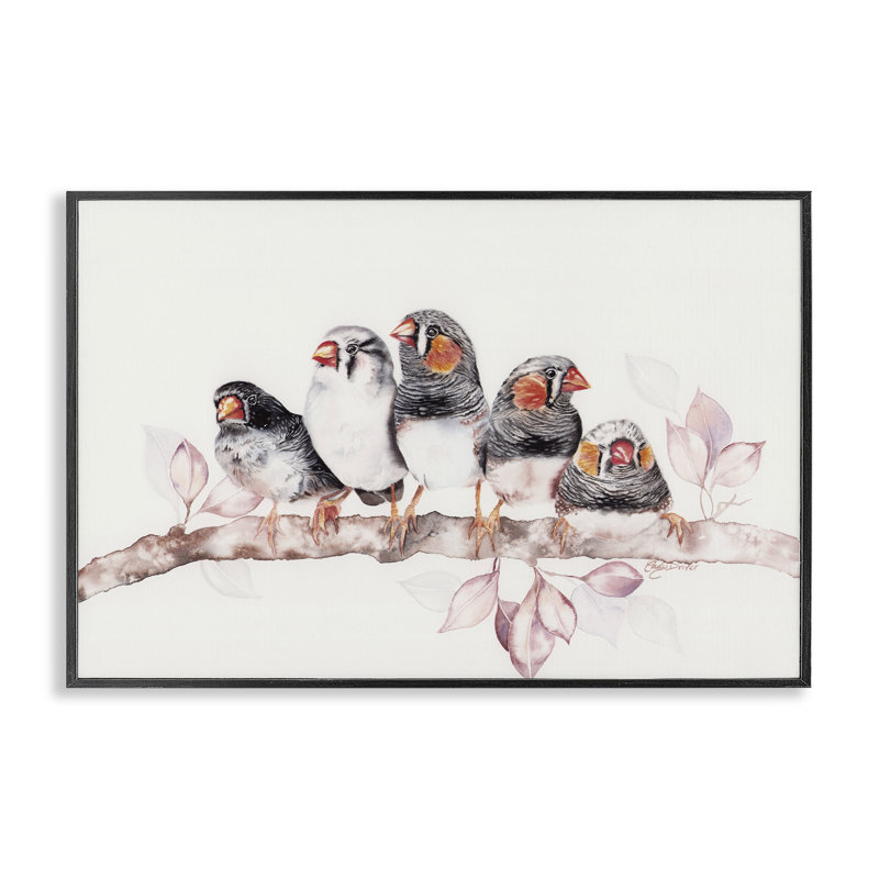 Cinq oiseaux sur une branche, estampe numérique, conception par Cady, H 12 po x l 18 po, Giclée encadrée noir minuit