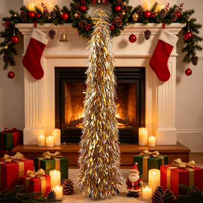 Sapin de Noël pliable de 1,5 m avec bandes de papier aluminium résistant, design pop-up, sapin fin en forme de crayon avec 50 lumières DEL blanc chaud, or et argent
