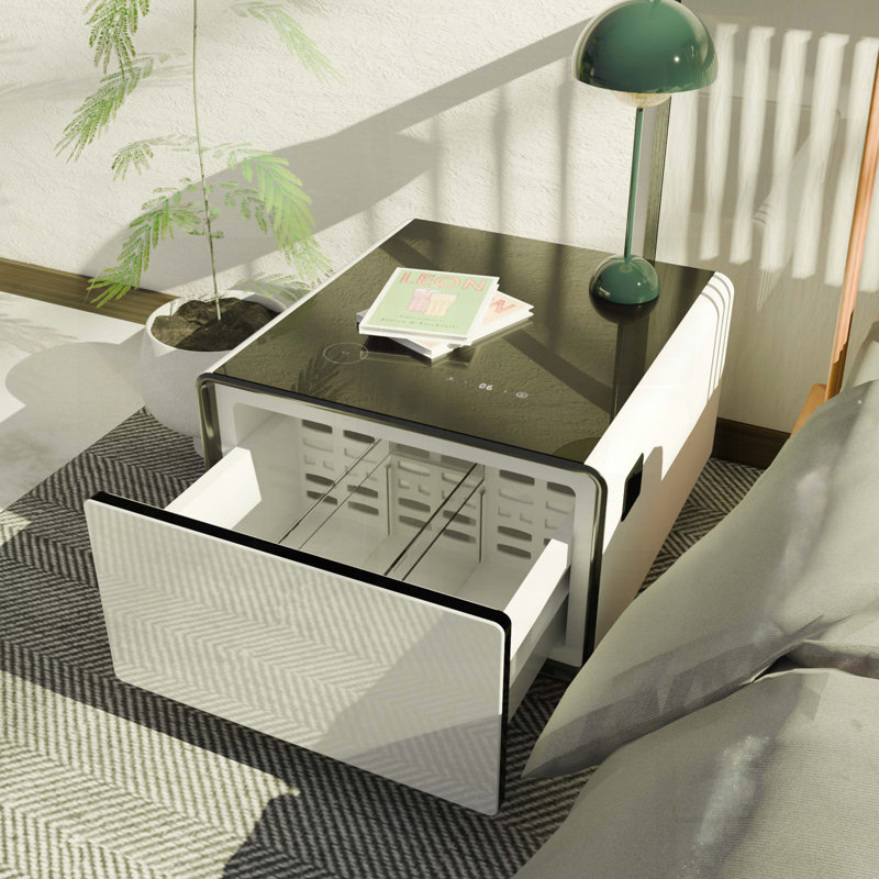 Table d'appoint intelligente avec réfrigérateur intégré, chargement sans fil et ports USB - blanc