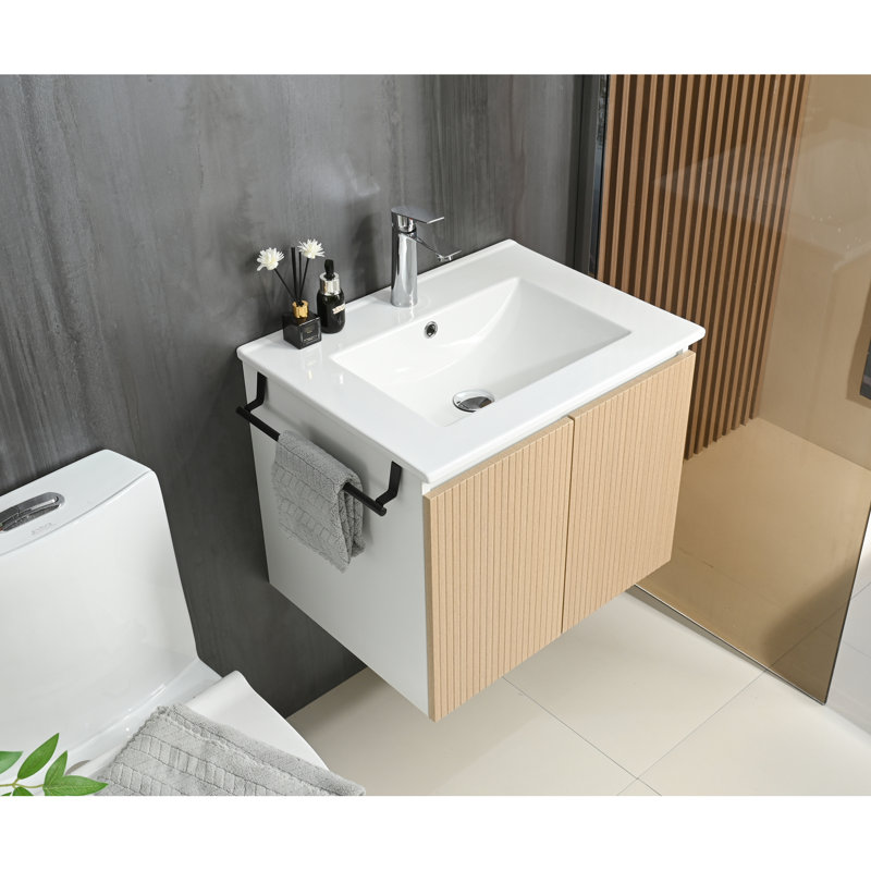 Lavabo de salle de bain de 24 pouces et armoire de rangement avec porte-serviettes - Conception robuste, design contemporain, céramique flottante jaune sécuritaire, quincaillerie à usage unique