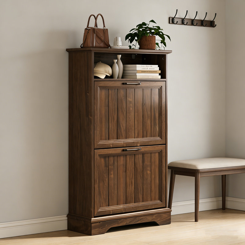 24-Inch Modern Farmhouse Flip-Drawer Shoe Cabinet – Narrow Entryway Storage With Adjustable Shelves & Open Cubby, Brown