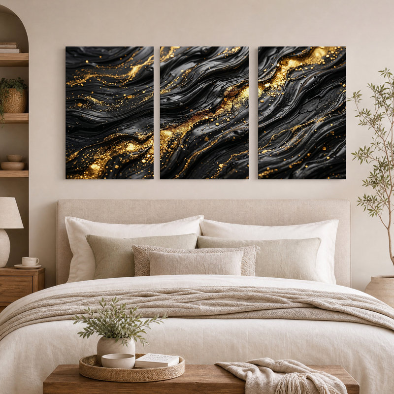 Ensemble de 3 toiles murales abstraites à texture fluide noire et or, 18"H x 12"W x 3pcs